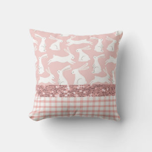 Pink Glitter Gingham Plaid Rabbits Cushion