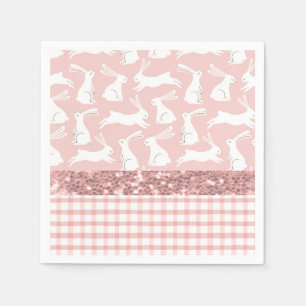 Pink Glitter Gingham Plaid Rabbits Napkins