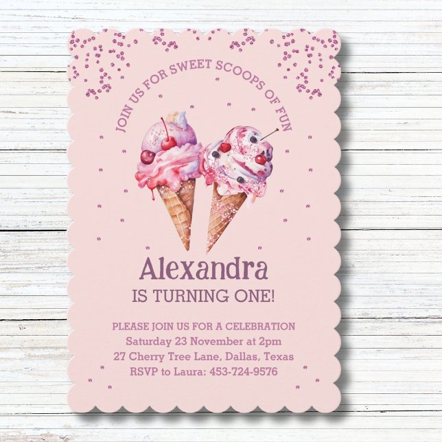 Pink Glitter Girl Ice Cream 1st Birthday Party Invitation (Creator Uploaded)
