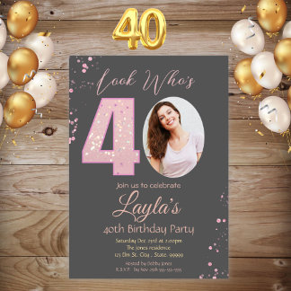 Pink Glitter Girl Photo 40th Birthday Party Invite