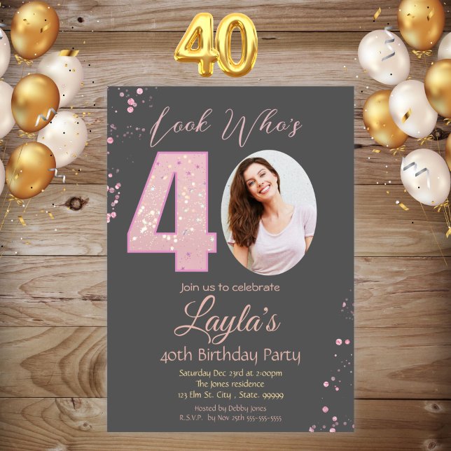 Pink Glitter Girl Photo 40th Birthday Party Invite (Creator Uploaded)