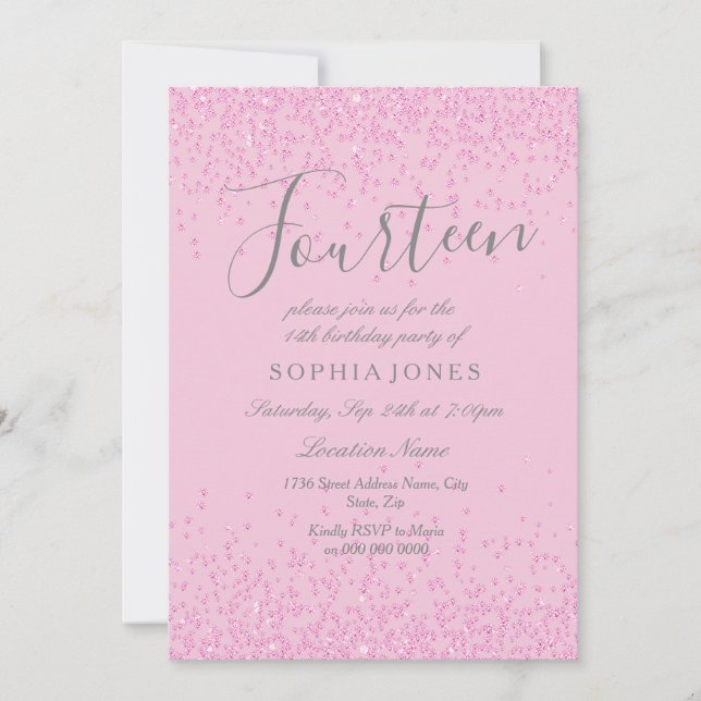 Pink Glitter Girls 14th Birthday Party Invite (Front)
