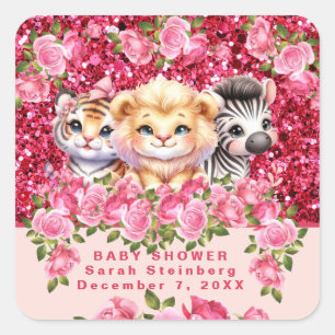 Pink Glitter GIrl's Baby Shower Wild Animals Square Sticker