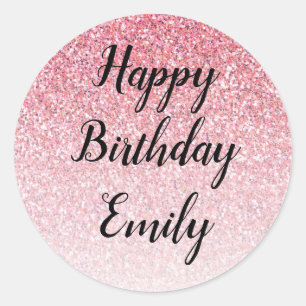 Pink Glitter Glam Happy Birthday Classic Round Sti Classic Round Sticker
