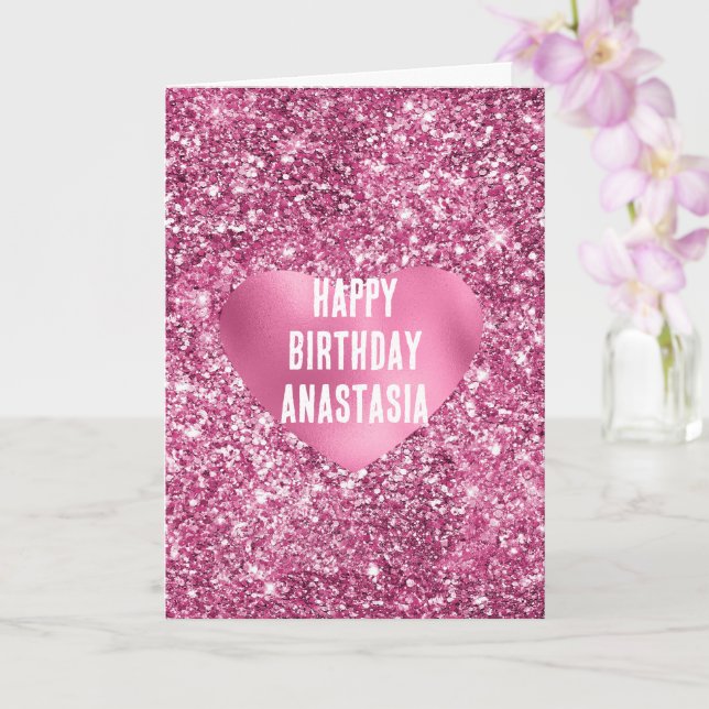 Pink Glitter Glam Heart Birthday Card (Orchid)