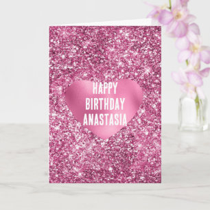 Pink Glitter Glam Heart Birthday Card