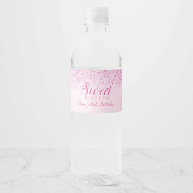 Pink Glitter, Glam Sweet 16 Water Bottle Label (Front)