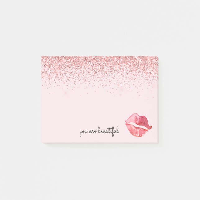 Pink Glitter Glam Watercolor Kiss Post-it Notes (Front)