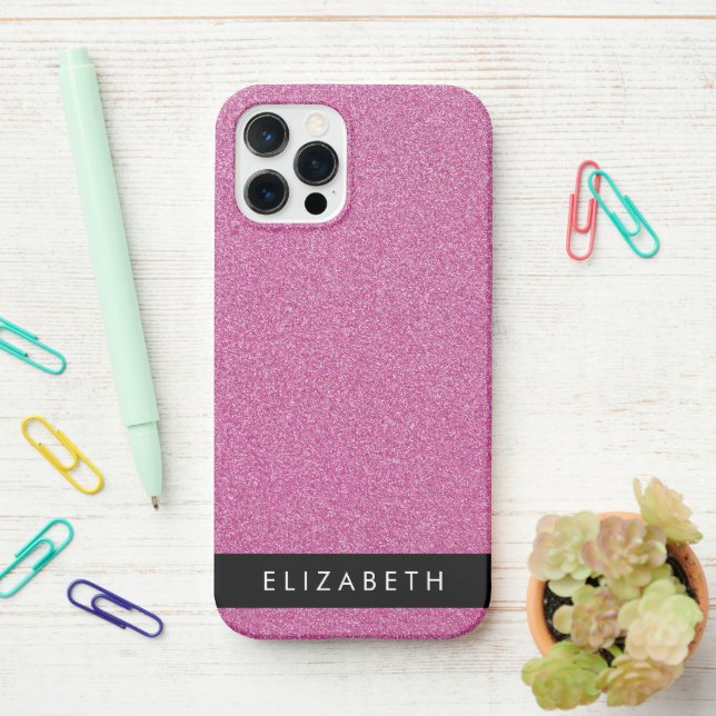 Pink Glitter, Glitter Background, Your Name iPhone Case (On Desk)