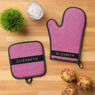 Pink Glitter, Glitter Background, Your Name Oven Mitt & Pot Holder Set
