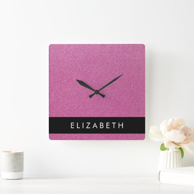Pink Glitter, Glitter Background, Your Name Square Wall Clock (Home)