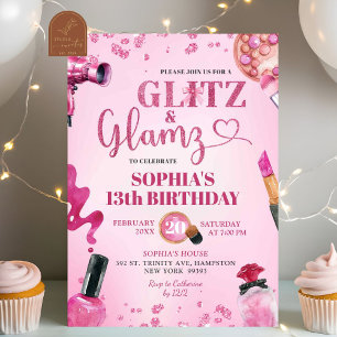Pink Glitter Glitz and Glamz Make Up Birthday Invitation