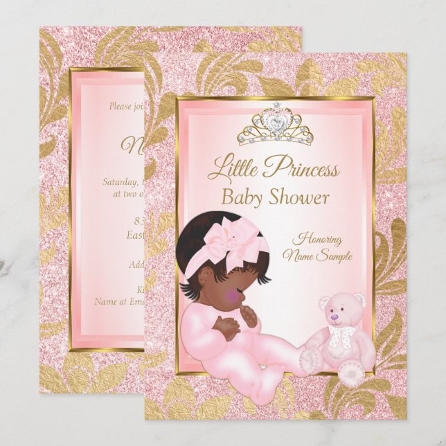 Pink Glitter Gold Baby Shower Bear Ethnic Invitation (Front/Back)