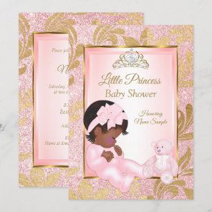 Pink Glitter Gold Baby Shower Bear Ethnic Invitation