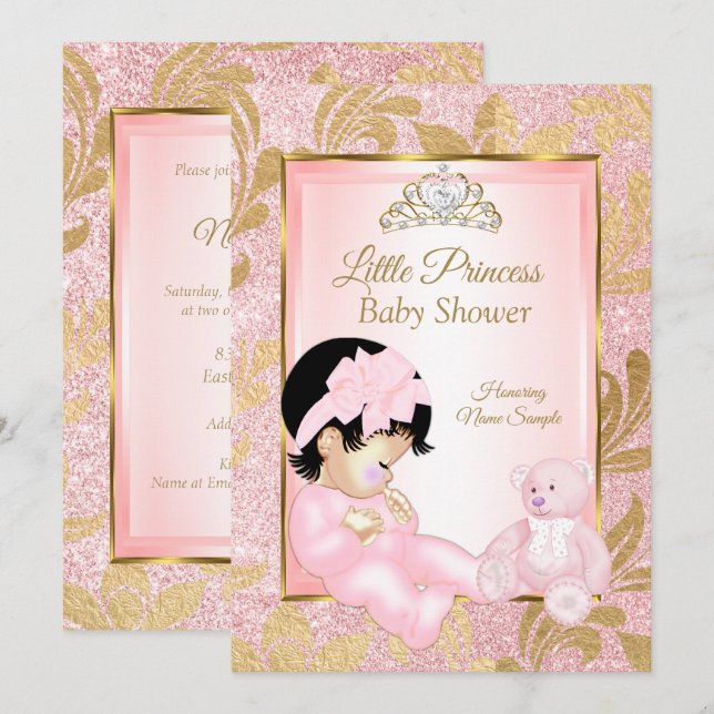 Pink Glitter Gold Baby Shower Bear Invitation (Front/Back)