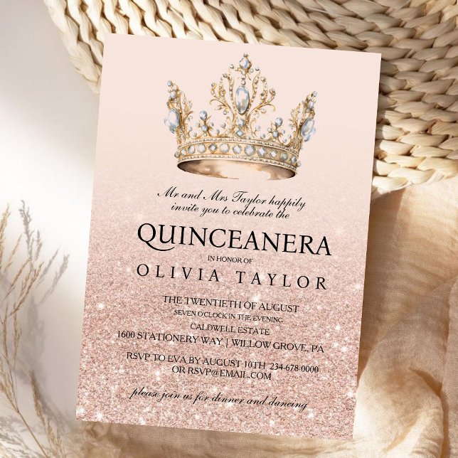 Pink Glitter Gold Crown Quinceanera 15th Birthday Invitation (Creator Uploaded)