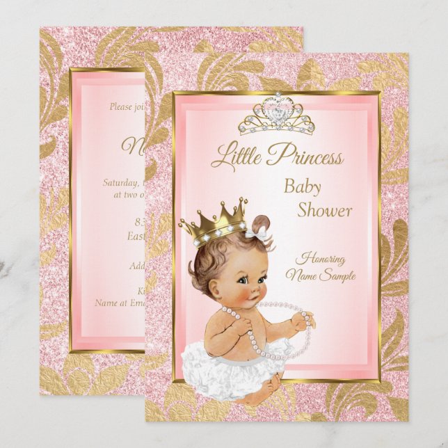 Pink Glitter Gold Princess Baby Shower Brunette Invitation (Front/Back)