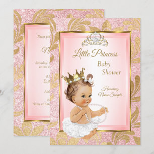 Pink Glitter Gold Princess Baby Shower Brunette Invitation