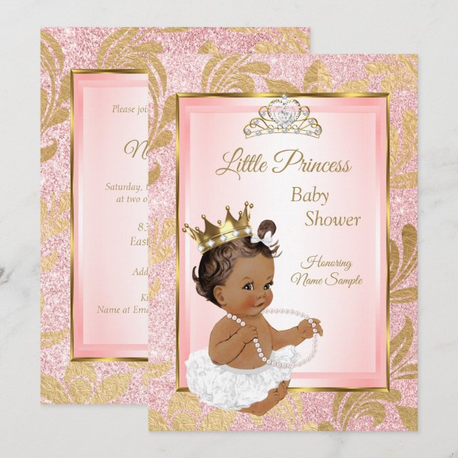 Pink Glitter Gold Princess Baby Shower Ethnic Invitation (Front/Back)