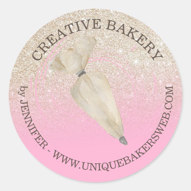 Pink Glitter Gold Sparkling Bakery Pastry Classic Round Sticker (Front)