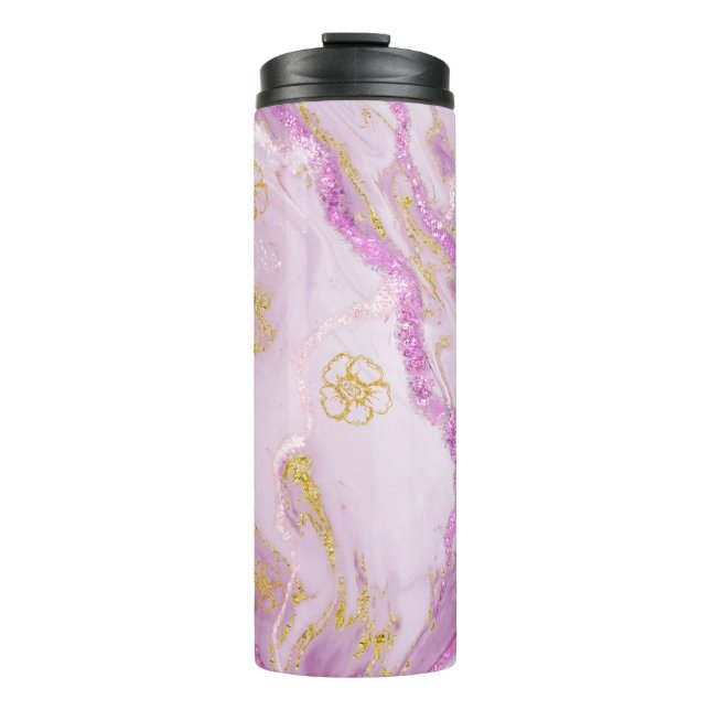 *~* Pink Glitter Gold Veins Marble Thermal Tumbler (Front)