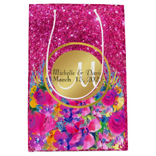 Pink Glitter Golden Metal Frame Floral Monogrammed Medium Gift Bag