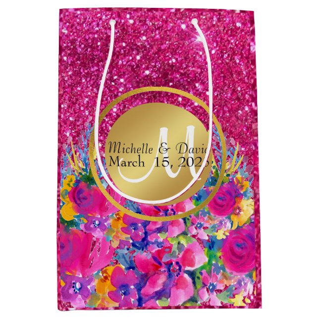 Pink Glitter Golden Metal Frame Floral Monogrammed Medium Gift Bag (Front)