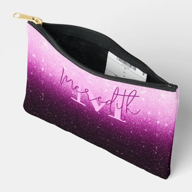 Pink glitter gradient personalised accessory pouch (Open)
