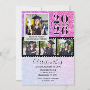 Pink Glitter Graduation Photo Invitation