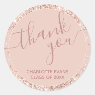 Pink Glitter Graduation Thank You Round Sticker
