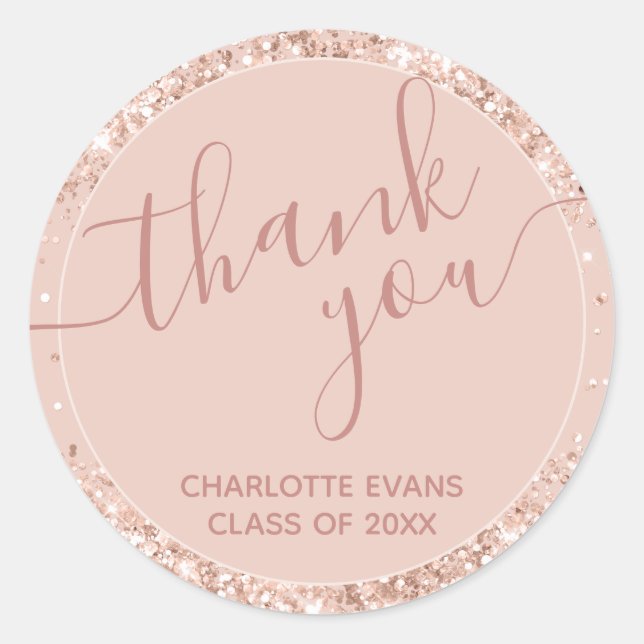 Pink Glitter Graduation Thank You Round Sticker (Front)