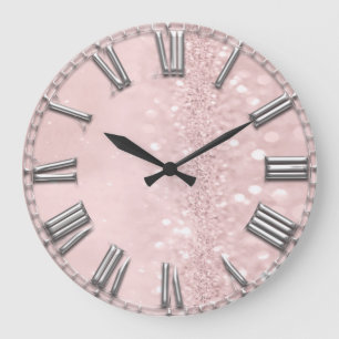 Pink Glitter Grey Metal Grey Silver Roman Numbers Large Clock