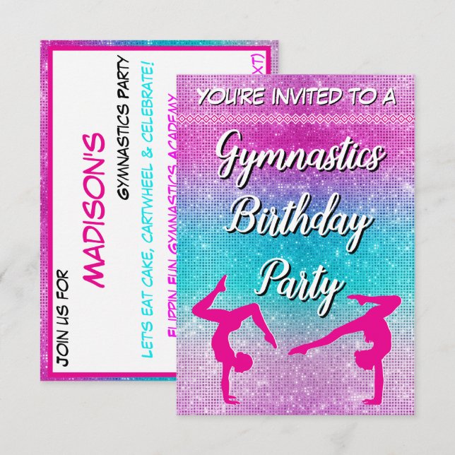 Pink Glitter Gymnastics Birthday Party Invitation (Front/Back)