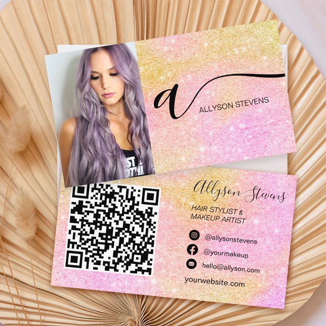 Pink glitter hair makeup photo initial qr code business card (Creator Uploaded)