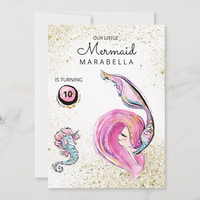 *~*  Pink Glitter Hair Mermaid Birthday Party Invitation (Front)