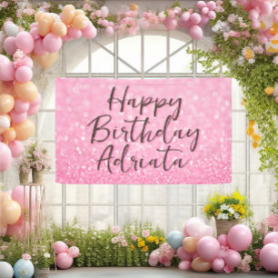 Pink Glitter Happy Birthday Personalised Custom Banner