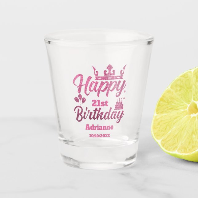 Pink Glitter "Happy Birthday" Shot Glass (Front)