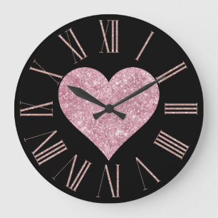 Pink Glitter Heart on Black Large Clock