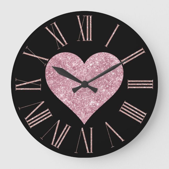 Pink Glitter Heart on Black Large Clock (Front)