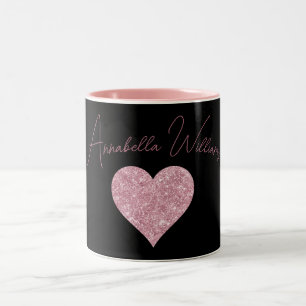 Pink Glitter Heart on Black Two-Tone Coffee Mug