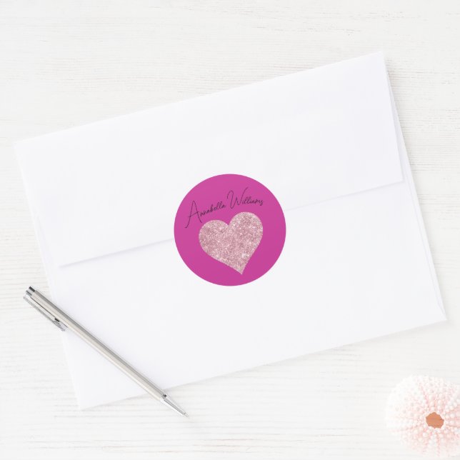 Pink Glitter Heart on Fuchsia Classic Round Sticker (Envelope)