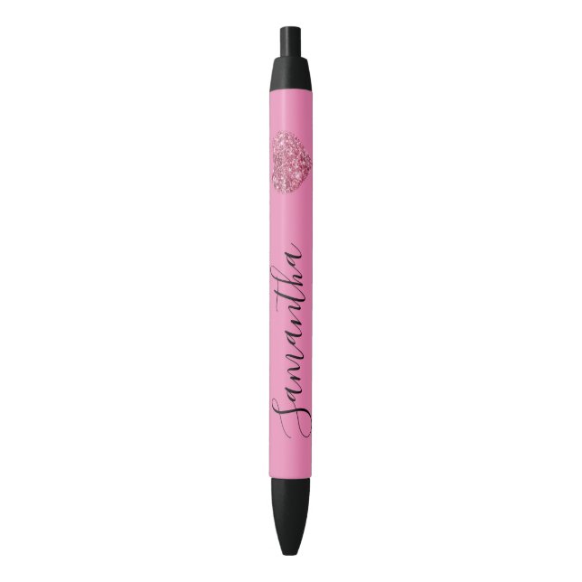 Pink Glitter Heart Personalised Name Black Ink Pen (Front Vertical)