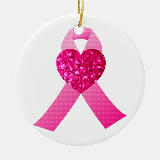 Pink Glitter Heart Ribbon Breast Cancer Awareness Ceramic Tree Decoration (Front)