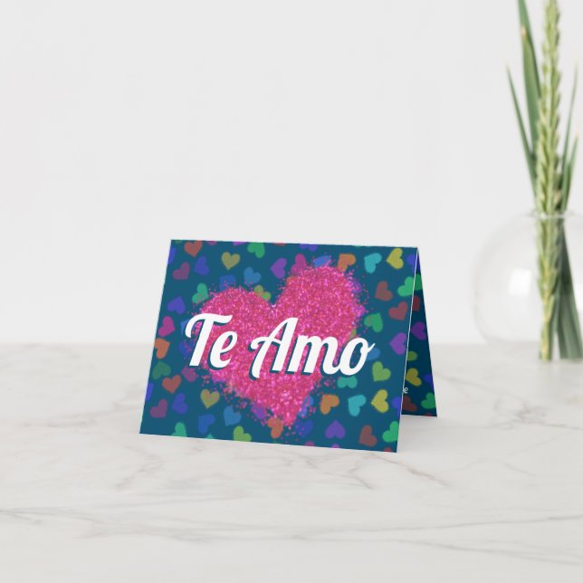 Pink Glitter Heart Te Amo Typography Holiday Card (Front)