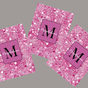 Pink Glitter Hearts Name Monogram Girly  Playing Cards