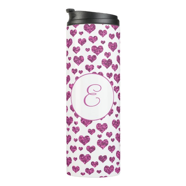 Pink Glitter Hearts Pattern Monogram Custom Thermal Tumbler (Rotated Right)