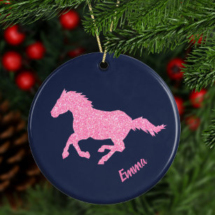 Pink Glitter Horse Little Girl Animal Christmas Ceramic Tree Decoration