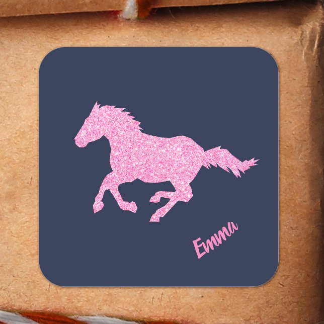 Pink Glitter Horse Little Girl First Name Animal Square Sticker (Creator Uploaded)