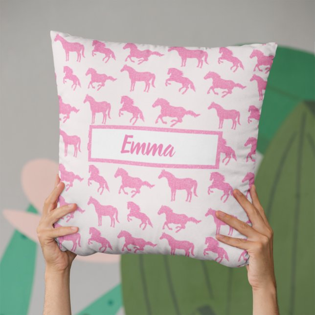 Pink Glitter Horse Pattern Little Girl First Name Cushion (Creator Uploaded)