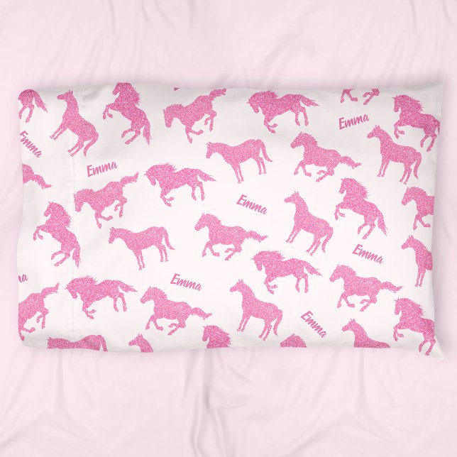 Pink Glitter Horse Pattern Little Girl First Name Pillowcase (Creator Uploaded)